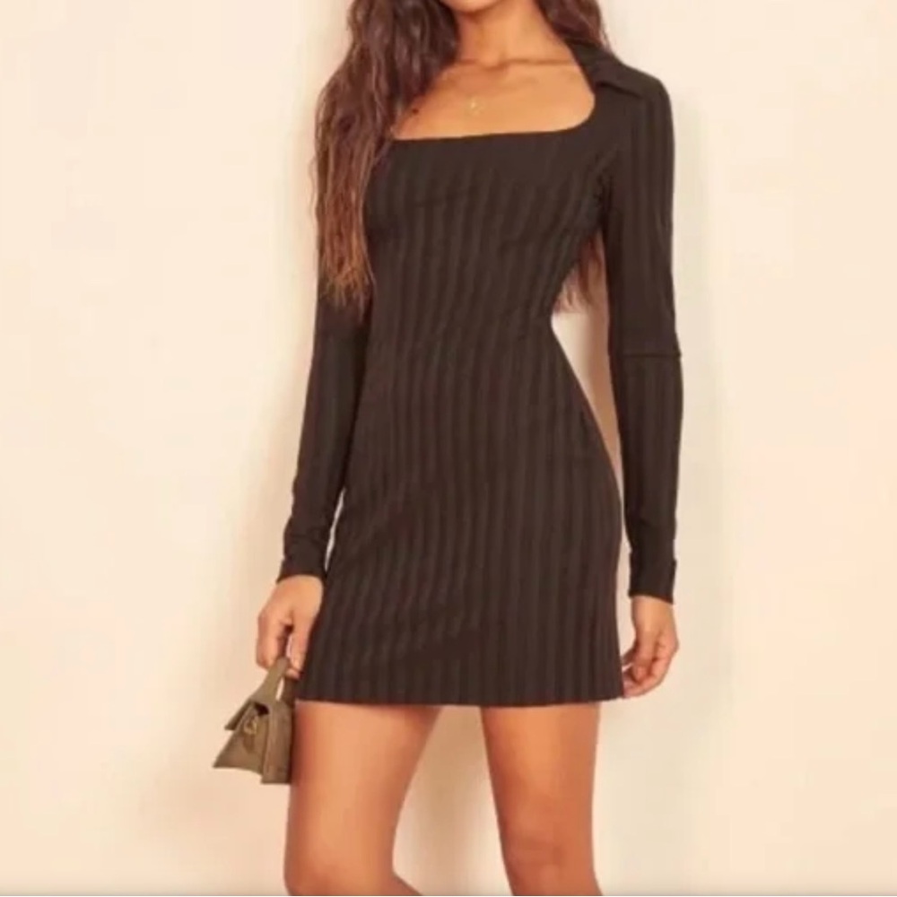 Reformation Victoria Black Ribbed Knit Dress Med
